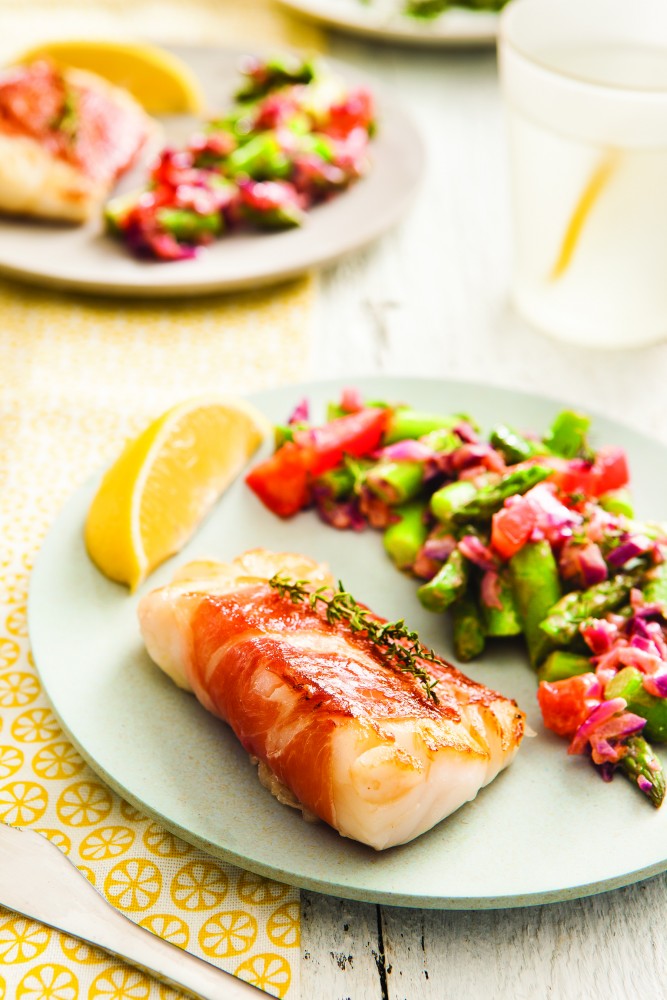 Elsa Jones cod with aspargus salad