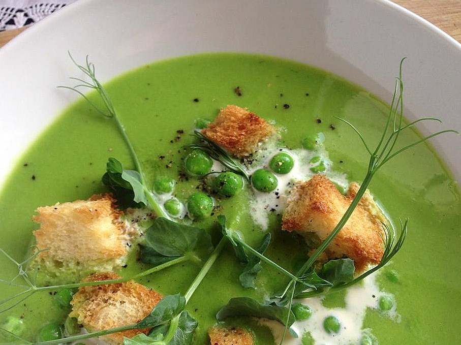 Garden Pea Soup with Sourdough Croutons Recipe by Niamh Mannion