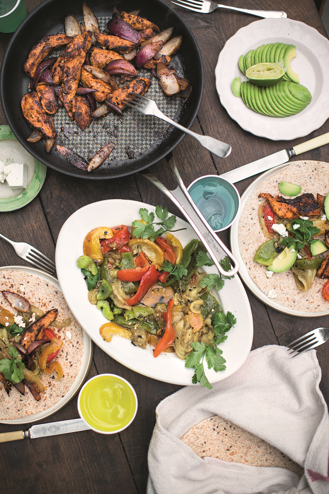 Chicken Fajitas, Smoky Dressed Aubergines & Peppers ⓒ Jamie Oliver Enterprises Limited (2016 Super Food Family Classics) Photographer: Jamie Oliver