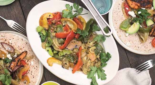 Chicken Fajitas, Smoky Dressed Aubergines & Peppers ⓒ Jamie Oliver Enterprises Limited (2016 Super Food Family Classics) Photographer: Jamie Oliver