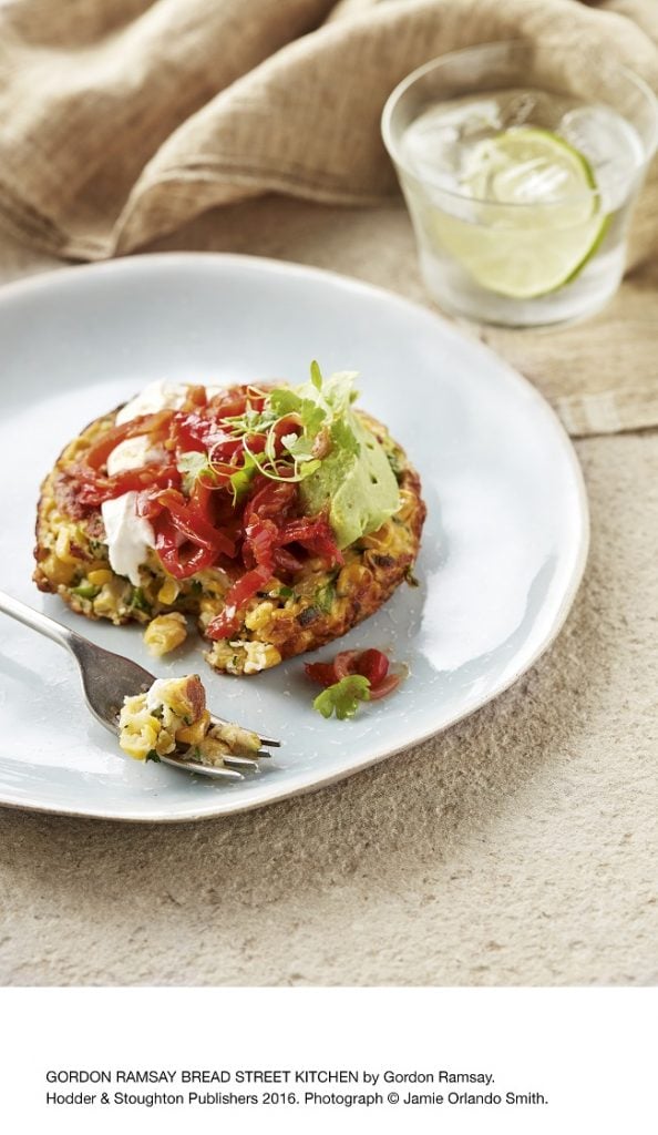 sweetcorn-and-green-chilli-fritters-with-red-pepper-relish-and-avocado