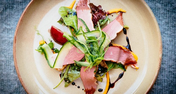 Smoked SilverHill Duck Salad, organic Enniscoe House Salad, Walnuts, Caramelised Plum, Butternut Squash Puree, Balsamic & Soy Sauce Reduction Ice House Hotel