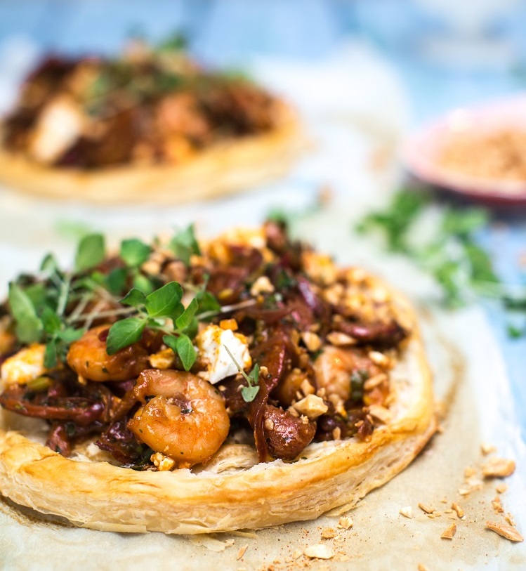 Mediterranean Prawn, Chorizo and Feta Tarts Recipe by Sharon Hearne-Smith Photo by Andrea Flanagan